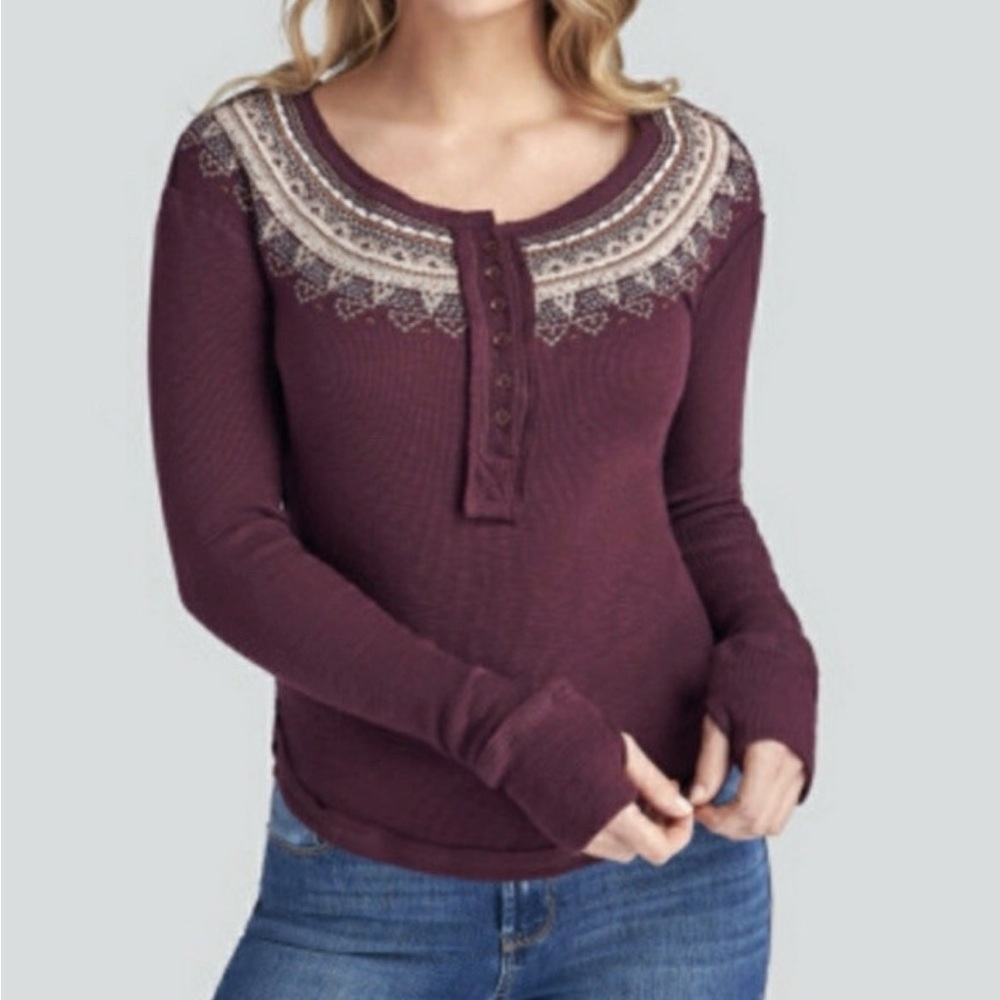 Burgundy Long Sleeve Henley Top with Lace Detail